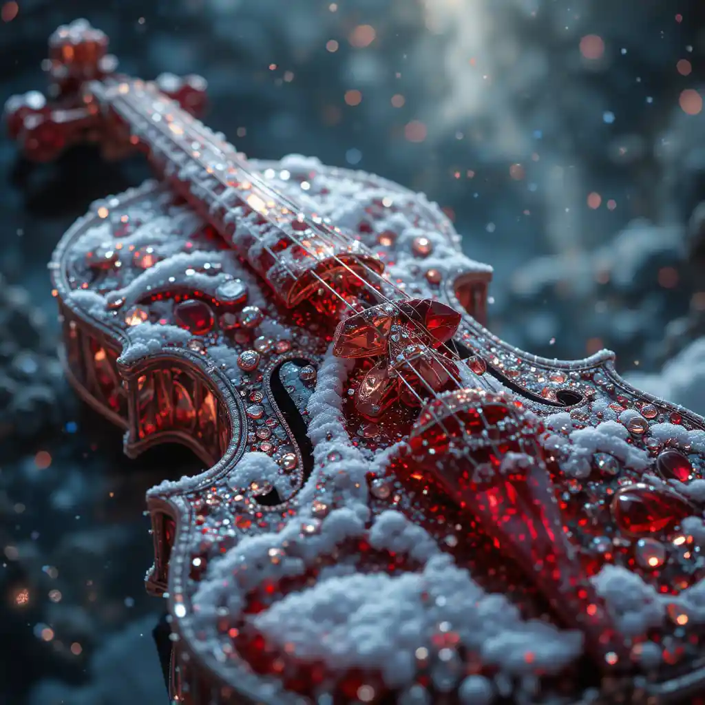 Surreal diamond violin with red crystal strings in snow