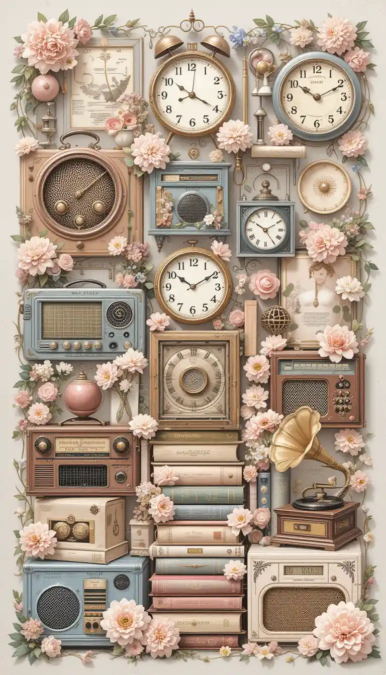 Romantic collage of vintage radios clocks books and gramophones