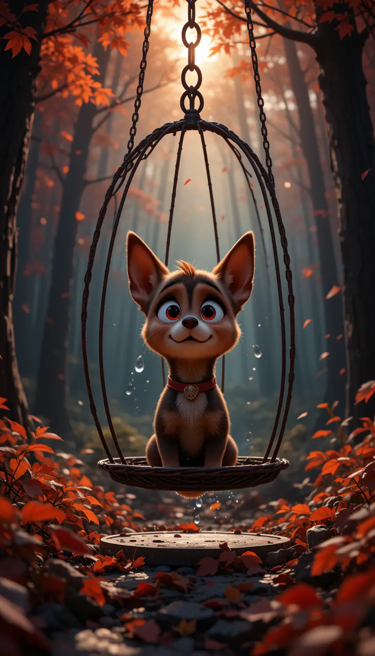 Sad dachshund puppy in cage in autumn forest at sunset