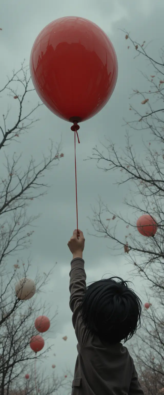 Girl releasing a red balloon into an overcast sky