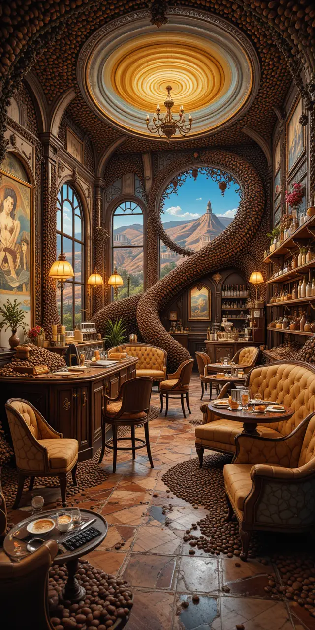 Surreal coffee bean cafe interior with whimsical warm glow