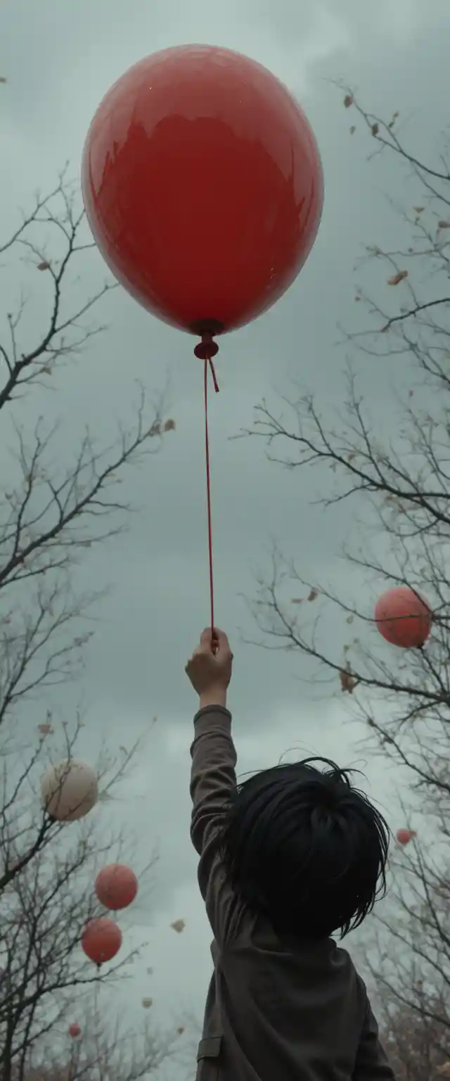 Girl releasing a red balloon into an overcast sky
