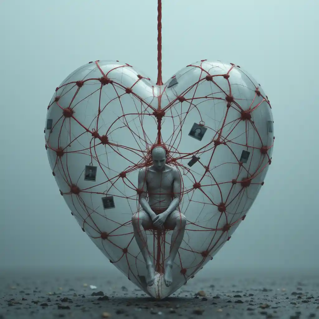 Miniature person inside a translucent thread heart of memories