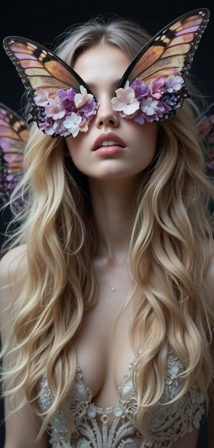 Surreal woman with butterfly wings and petals on her mouth
