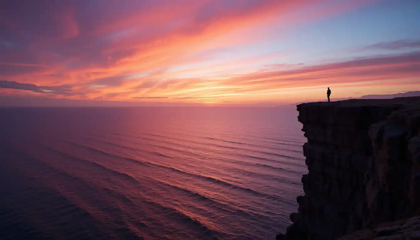 Silhouette On Cliff Watching A Colorful Ocean Sunset