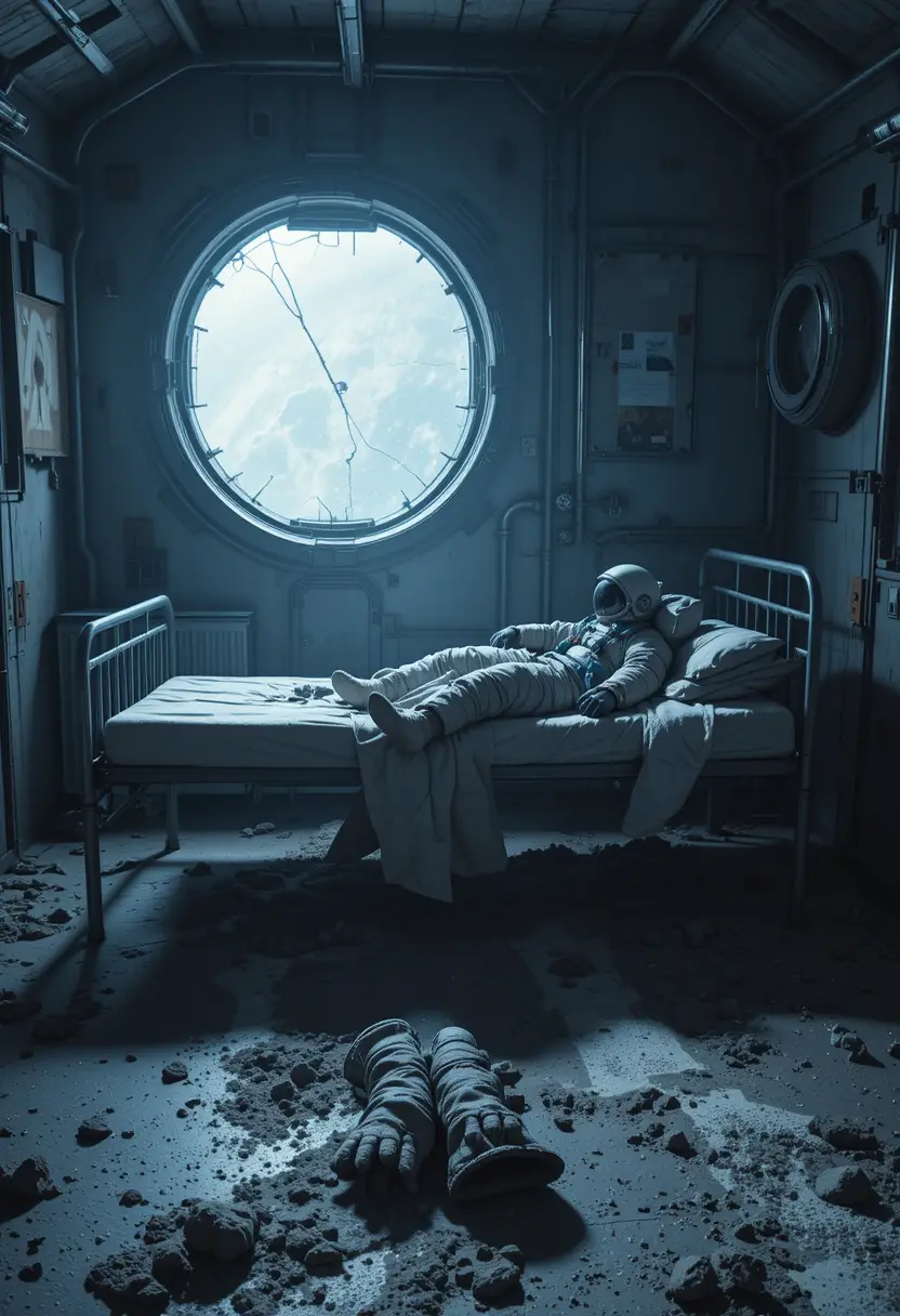 Abandoned Lunar Bunk With Crumpled Spacesuit In Starlight