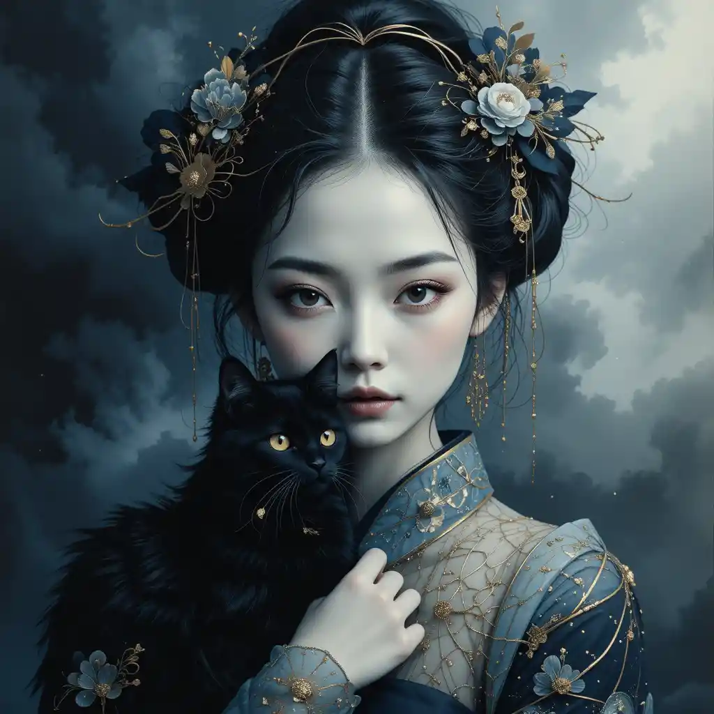 Minimalist ink portrait of a japanese woman with cat