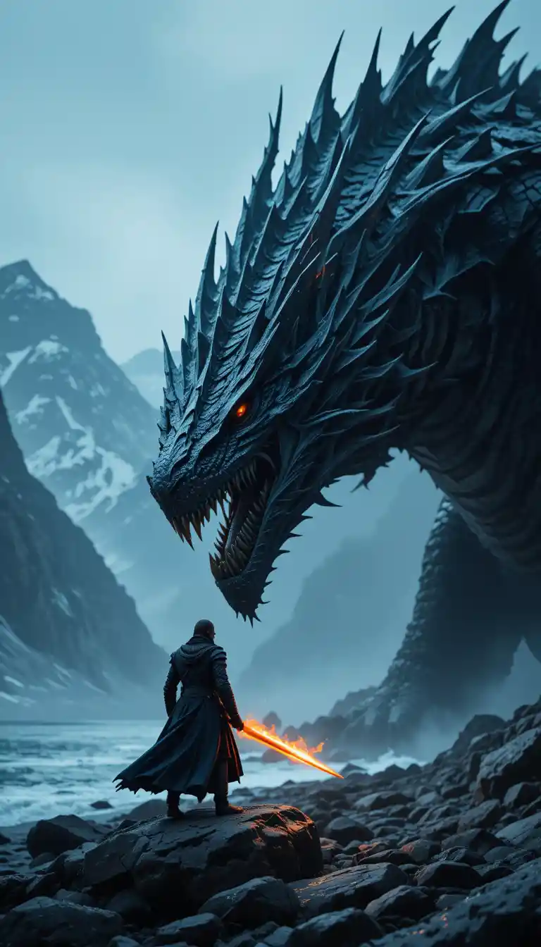 Dragon Confronts Armored Warrior On Icy Mountain Shore