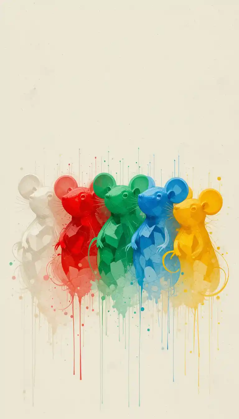 Illustrazione flat colorata con cinque silhouette di topo in fila