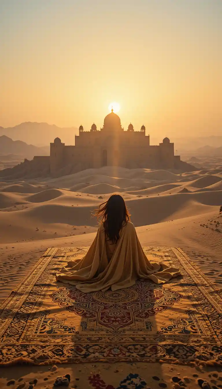 Golden magic carpet over desert at sunset with distant palace