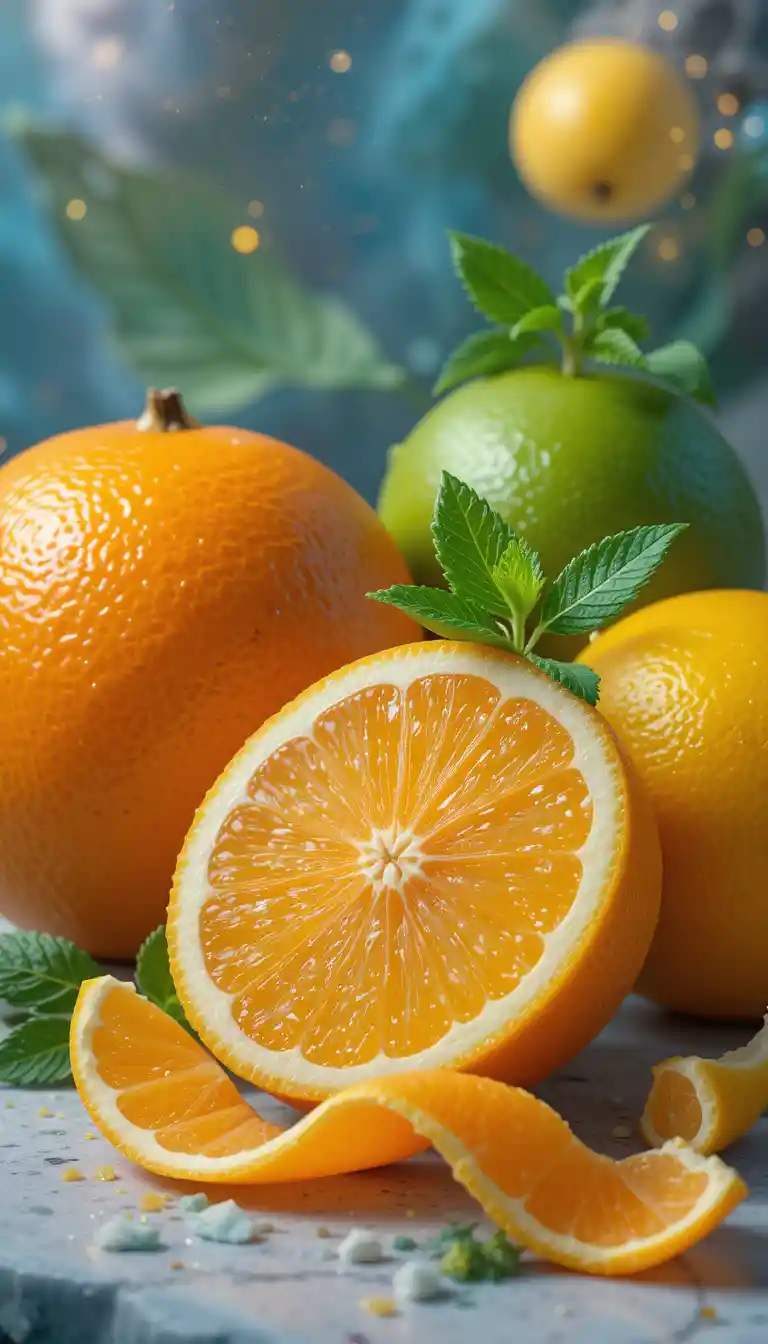 Colorful citrus still life with orange lemon and peppermint