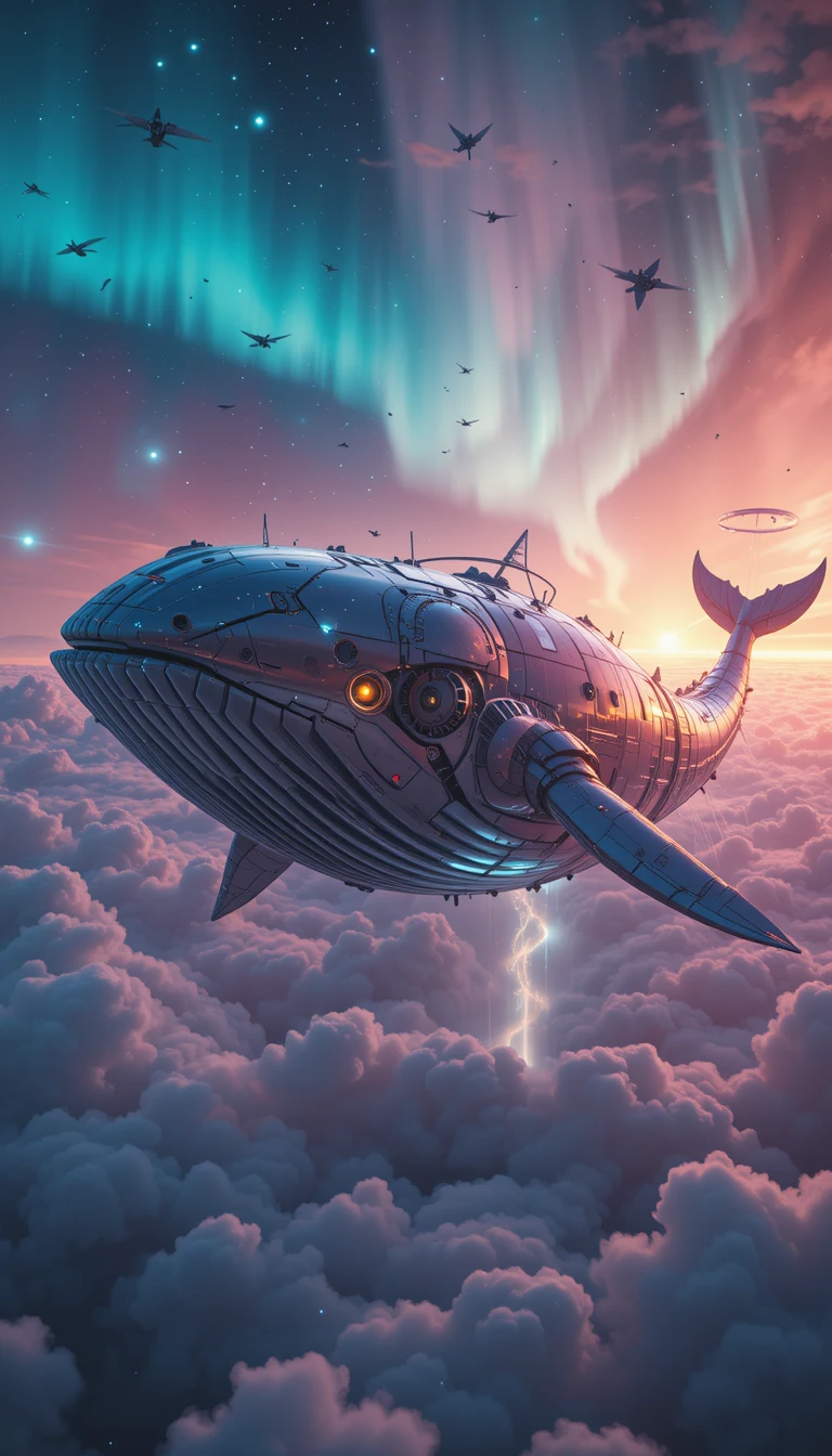 Colosal ballena robótica que deriva entre nubes de aurora brillantes