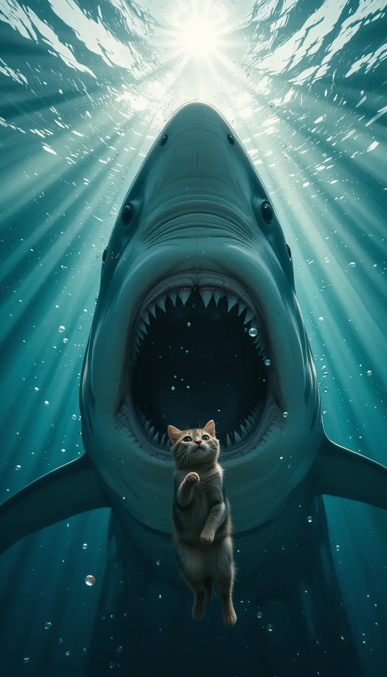 Green shark underwater gazing up at a falling cat