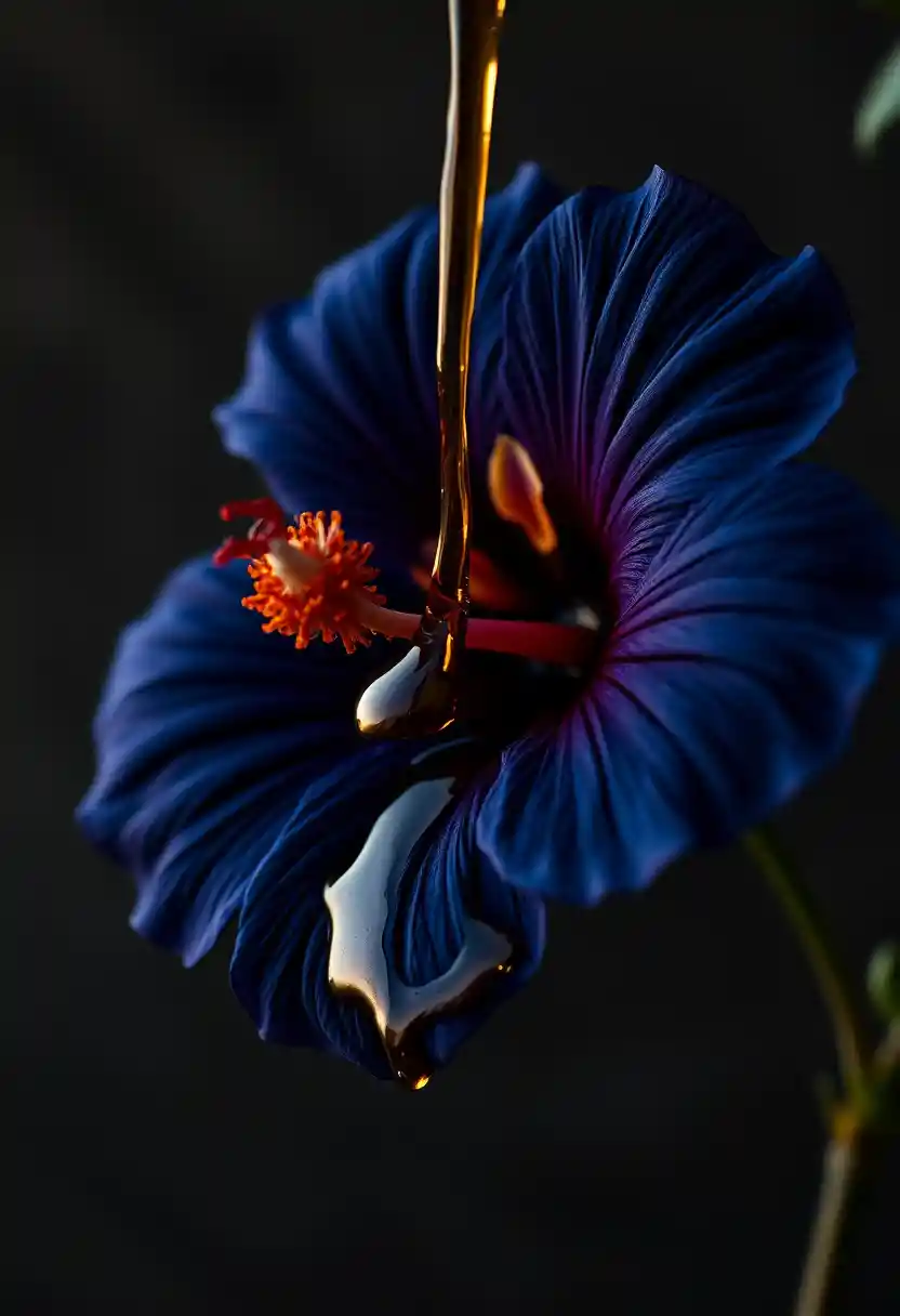 Indigo hibiscus with molten copper pour in soft light