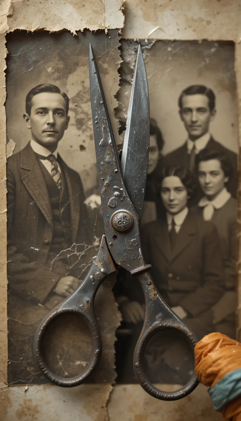 Rusty scissors cutting through a torn family photograph