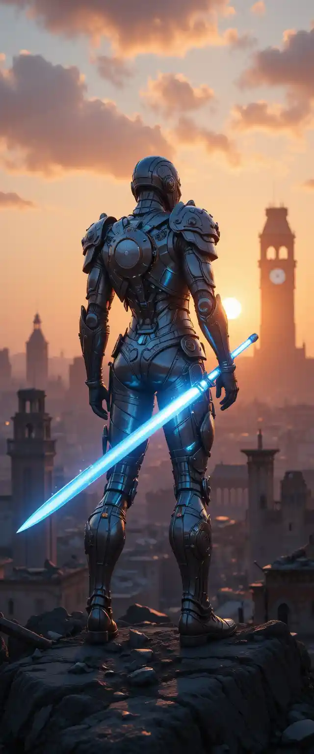 Futuristic warrior overlooking a ruined city at sunset