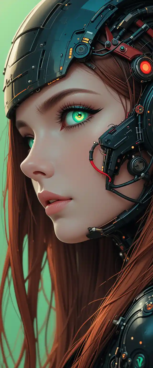 Futuristic cybernetic woman portrait with glowing green eyes