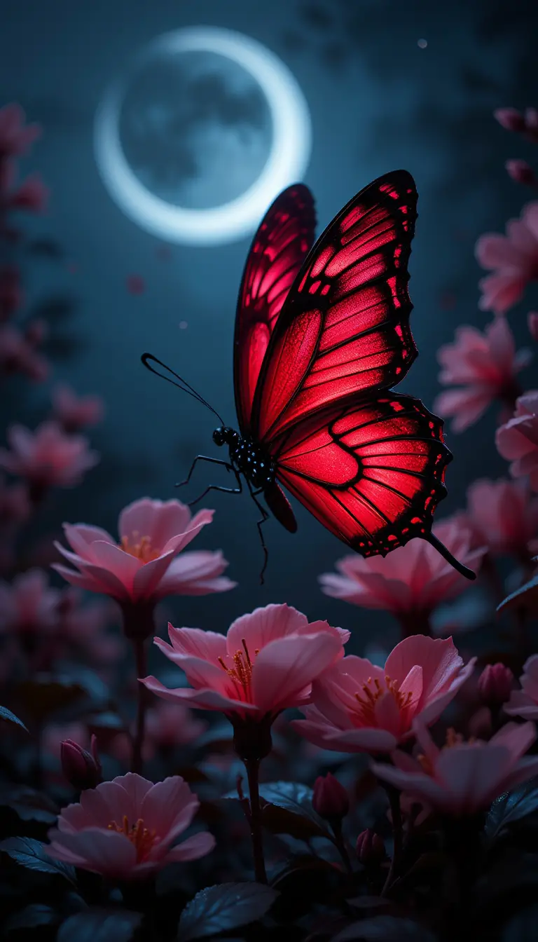 Blood red butterfly glowing in a moonlit night garden