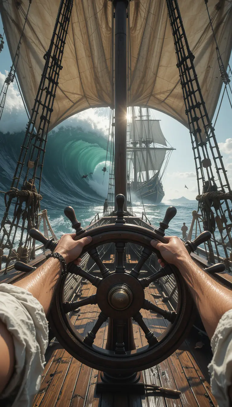 Pirate Captain Steering Into A Giant Ocean Wave