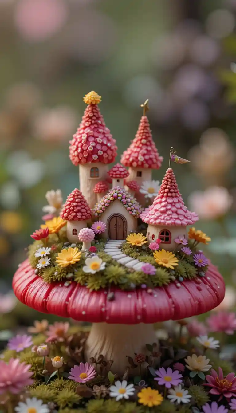 Miniature Flower Kingdom On A Red Mushroom House