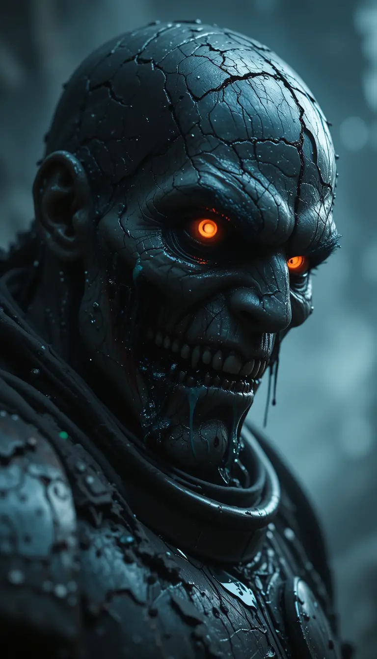 Nightmarish space marine warrior in cracked oozing armor
