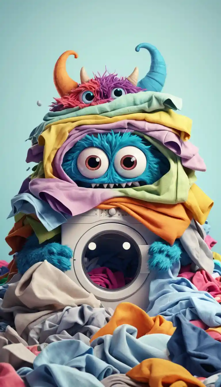 Cute colorful monster hiding in a giant laundry pile