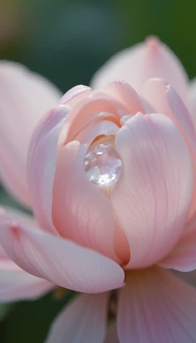 Soft pastel flower with translucent petals and droplet