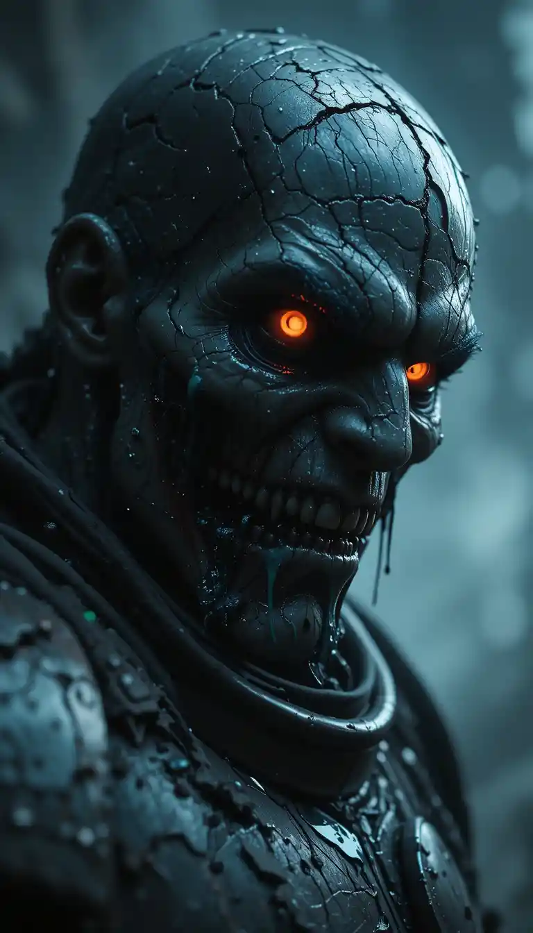 Nightmarish space marine warrior in cracked oozing armor