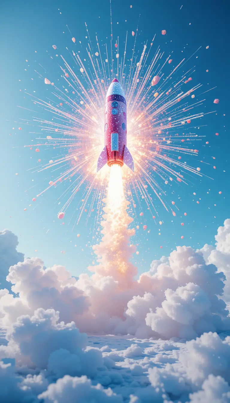 Ice rocket bursting into colorful fireworks in clear blue sky