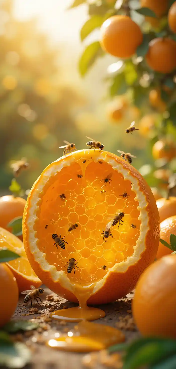 Peeled Orange Filled With Honeycomb And Bees In Sunlight
