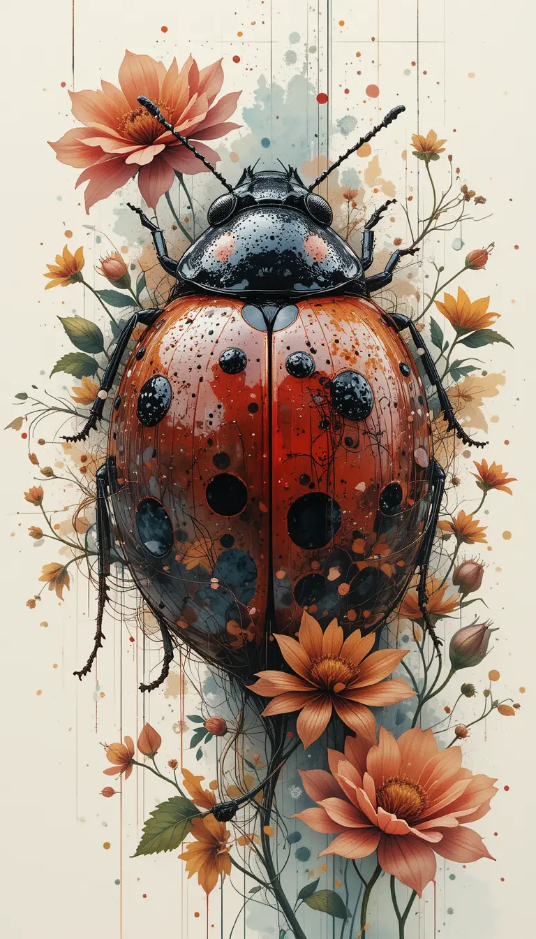 Double exposure ladybug with flowers vines and raindrops