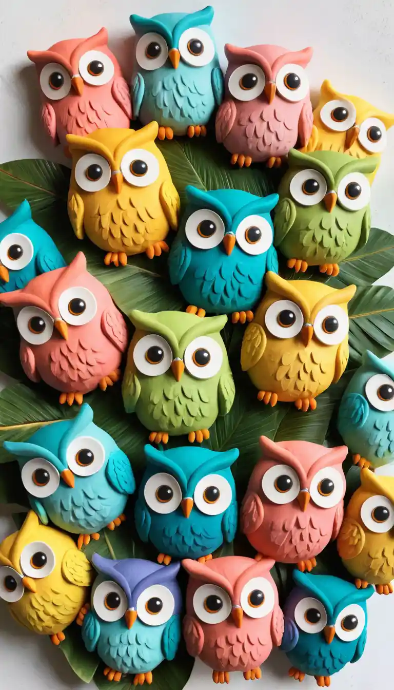 Colorful clay owls packed closely across the canvas
