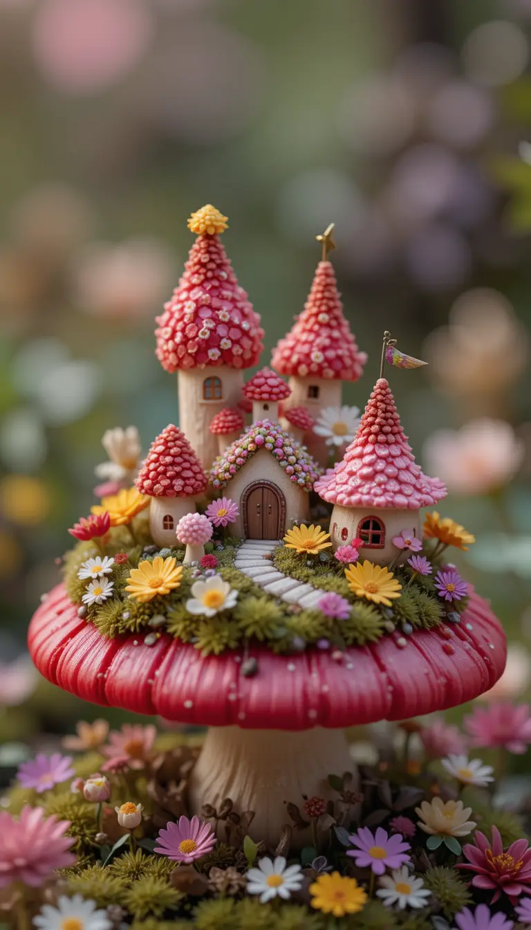 Miniature Flower Kingdom On A Red Mushroom House