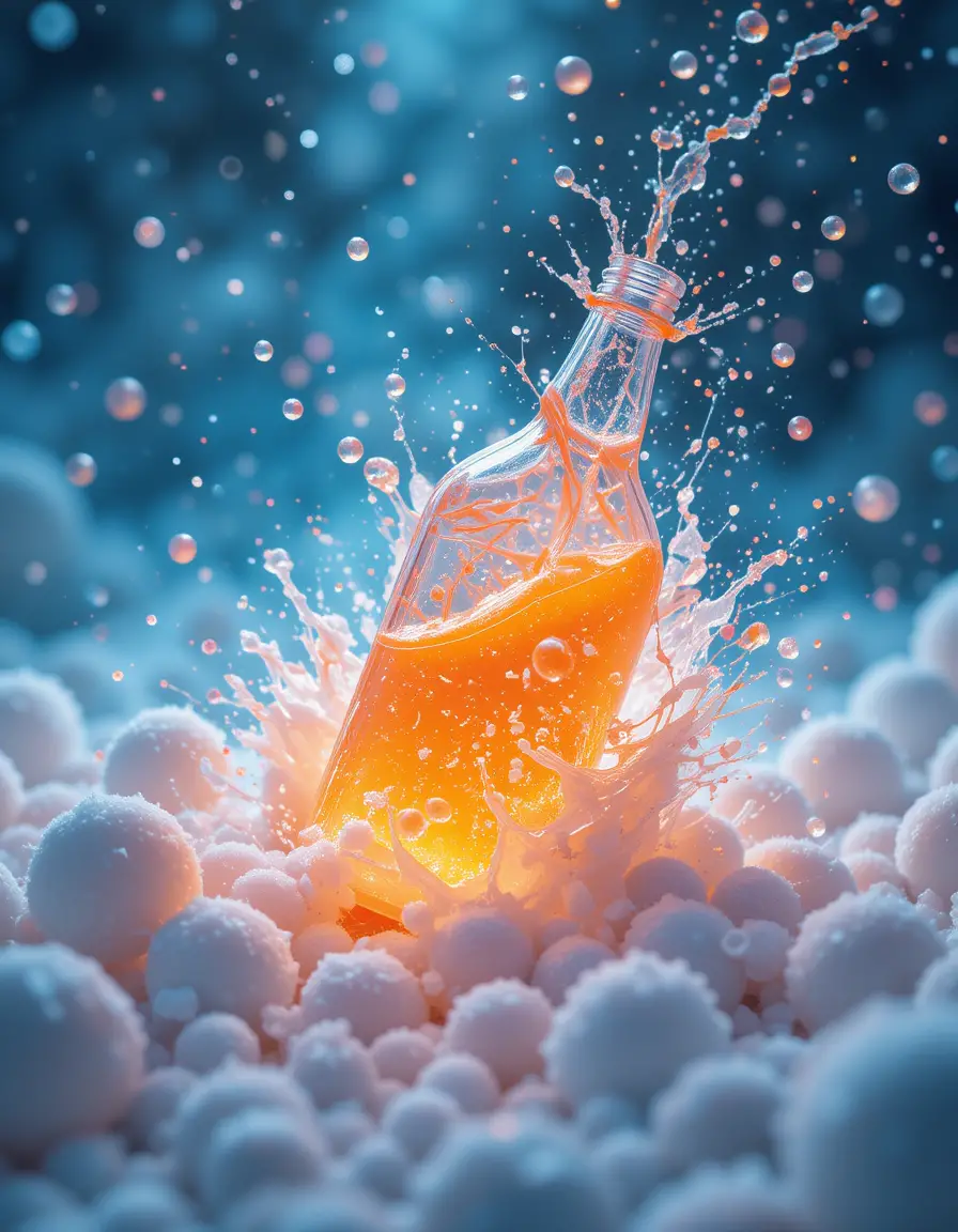 Glowing bottle crashing into snowballs and jelly beads