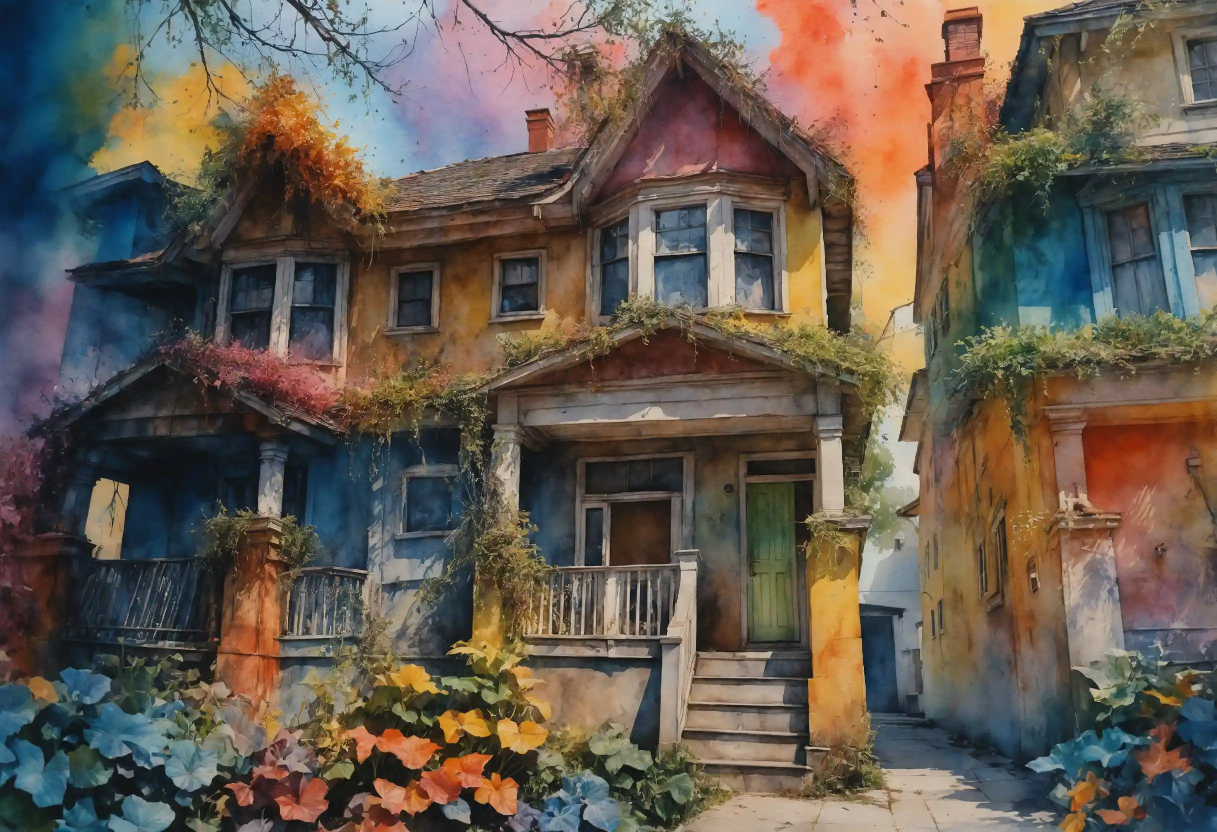 Watercolor house illustration with side light and color splash