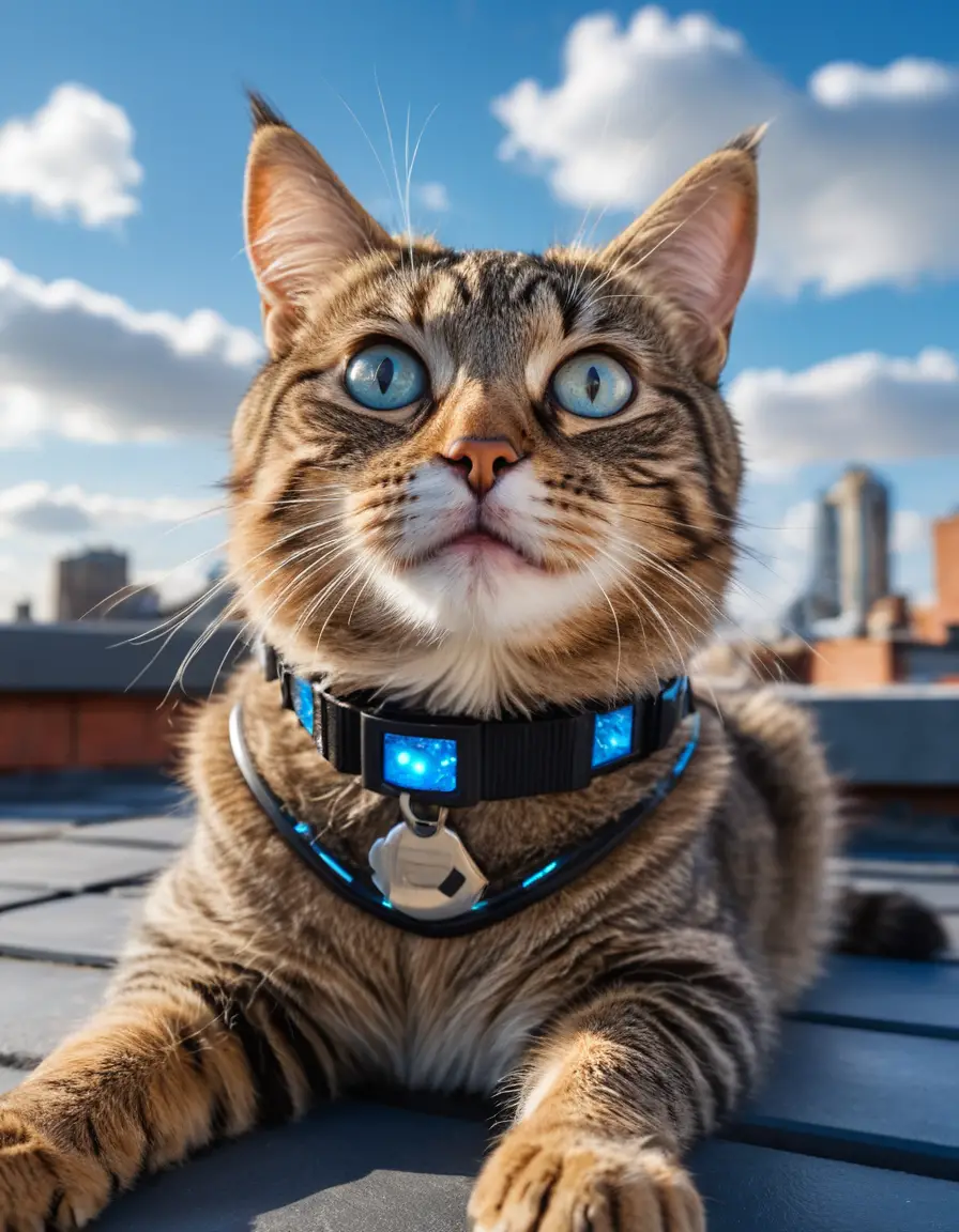 Surprised tabby cat on rooftop under vivid blue sky
