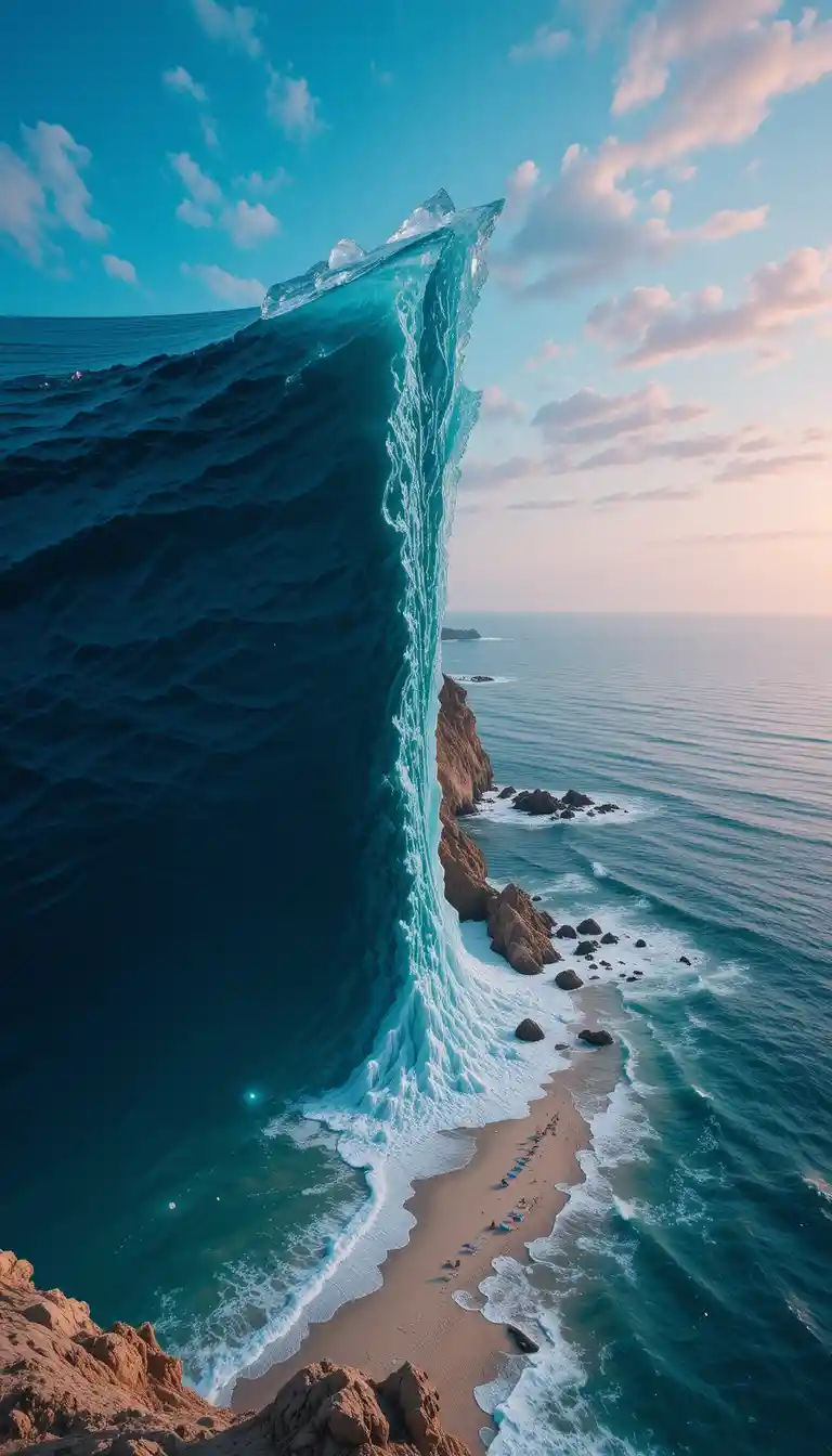 Surreal ocean cliff splitting the sky and beach