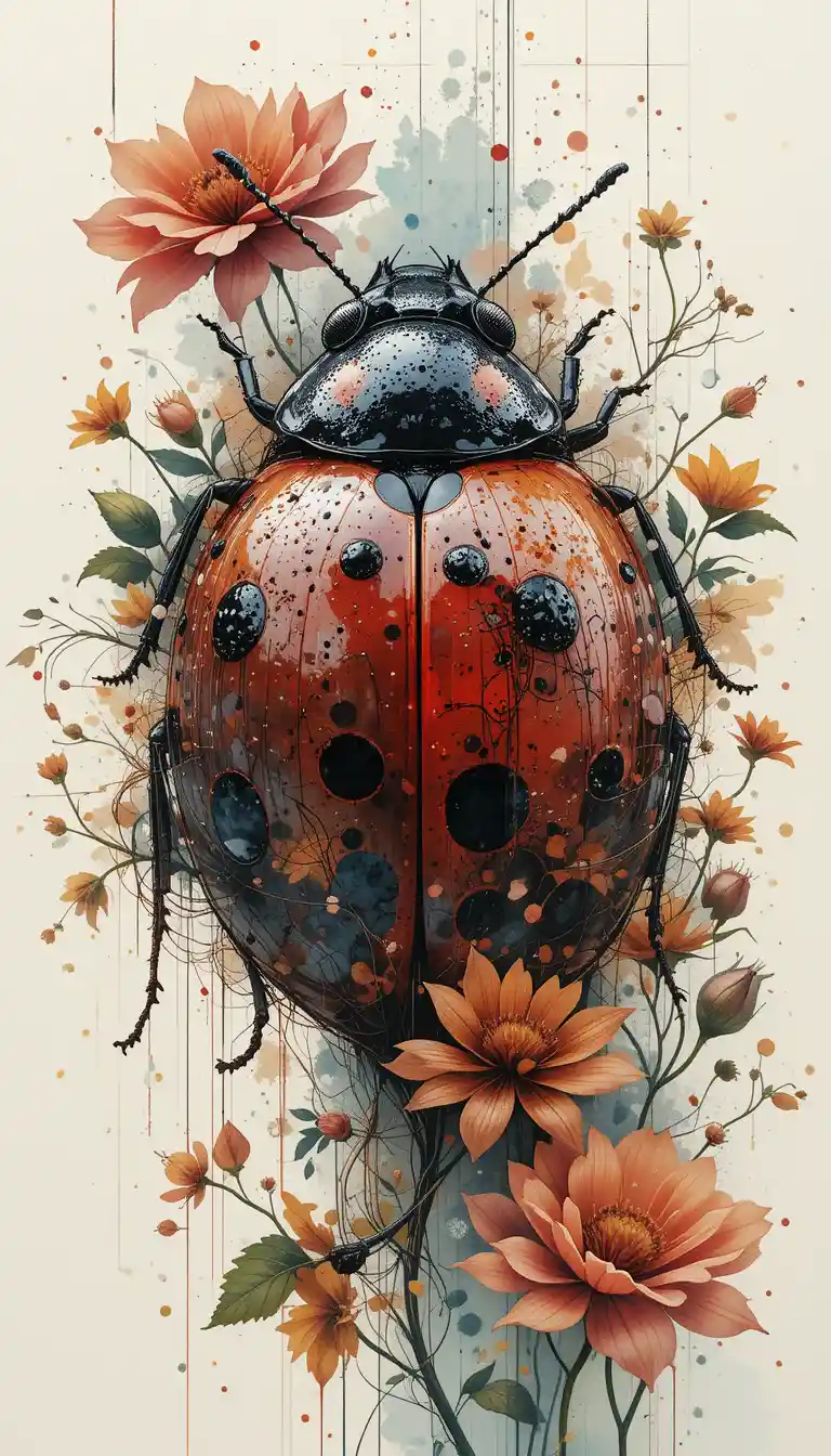 Double exposure ladybug with flowers vines and raindrops