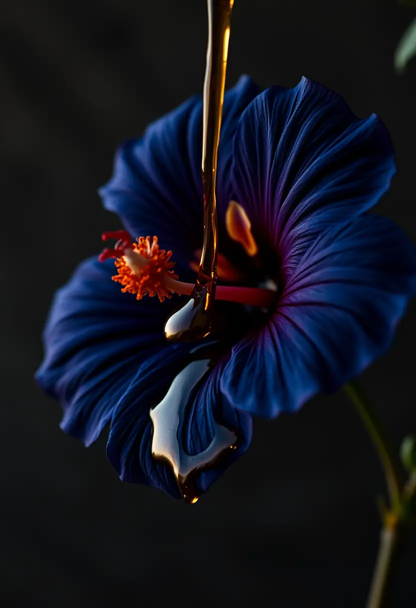 Indigo hibiscus with molten copper pour in soft light
