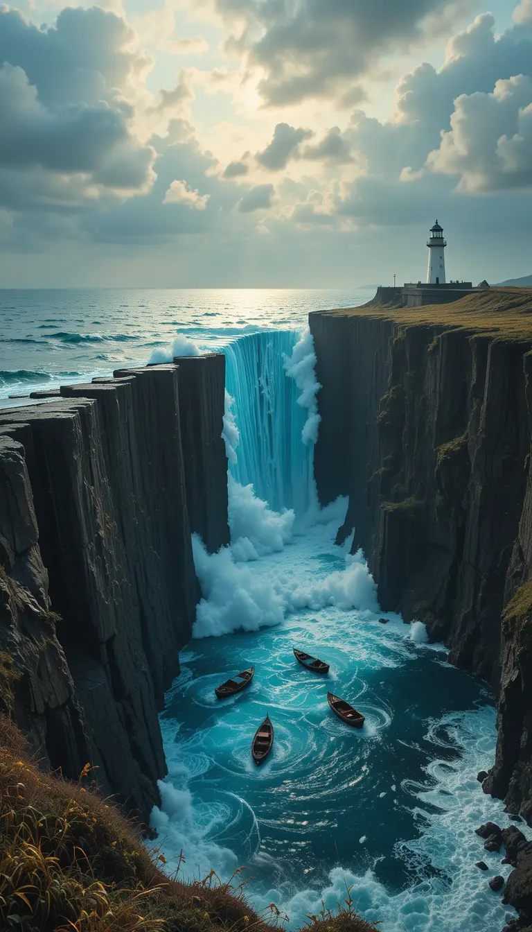Surreal split ocean panorama with towering frozen waves
