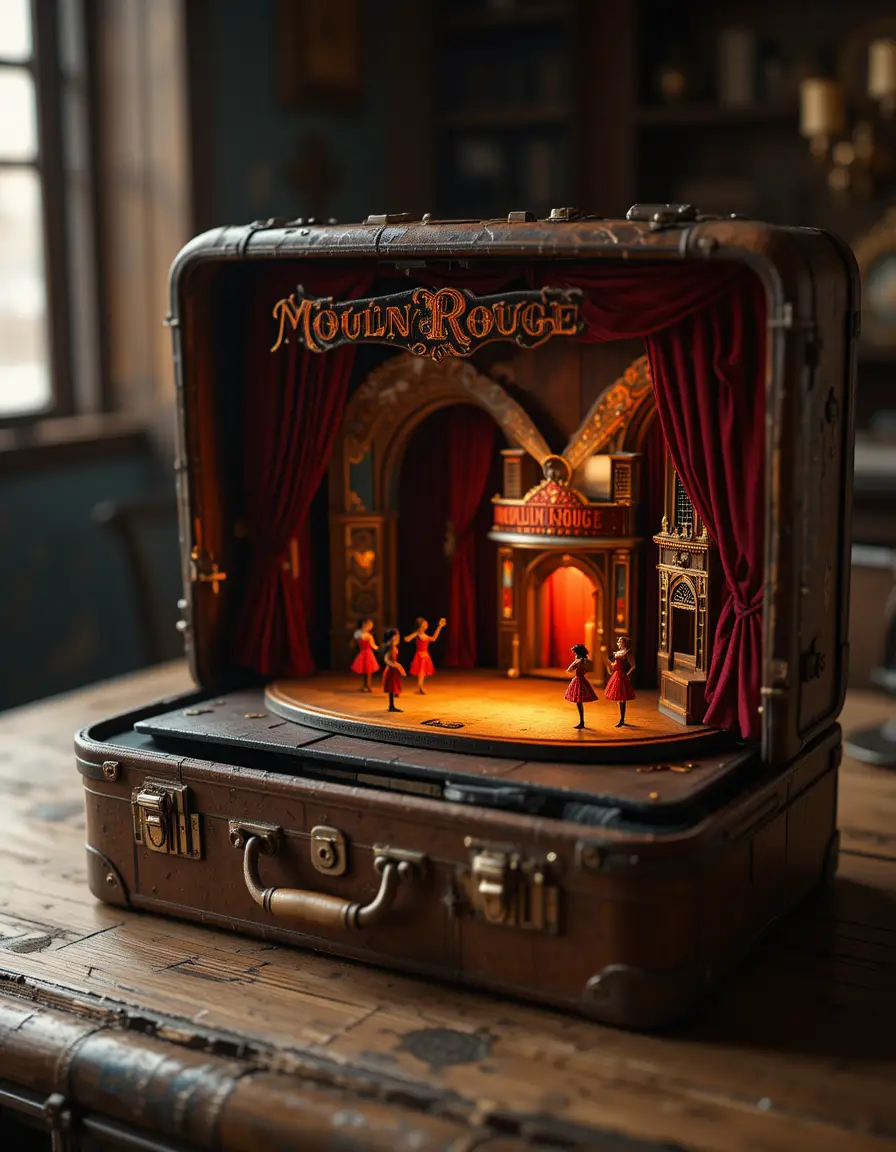 Miniature theater inside an old cracked suitcase with dancers