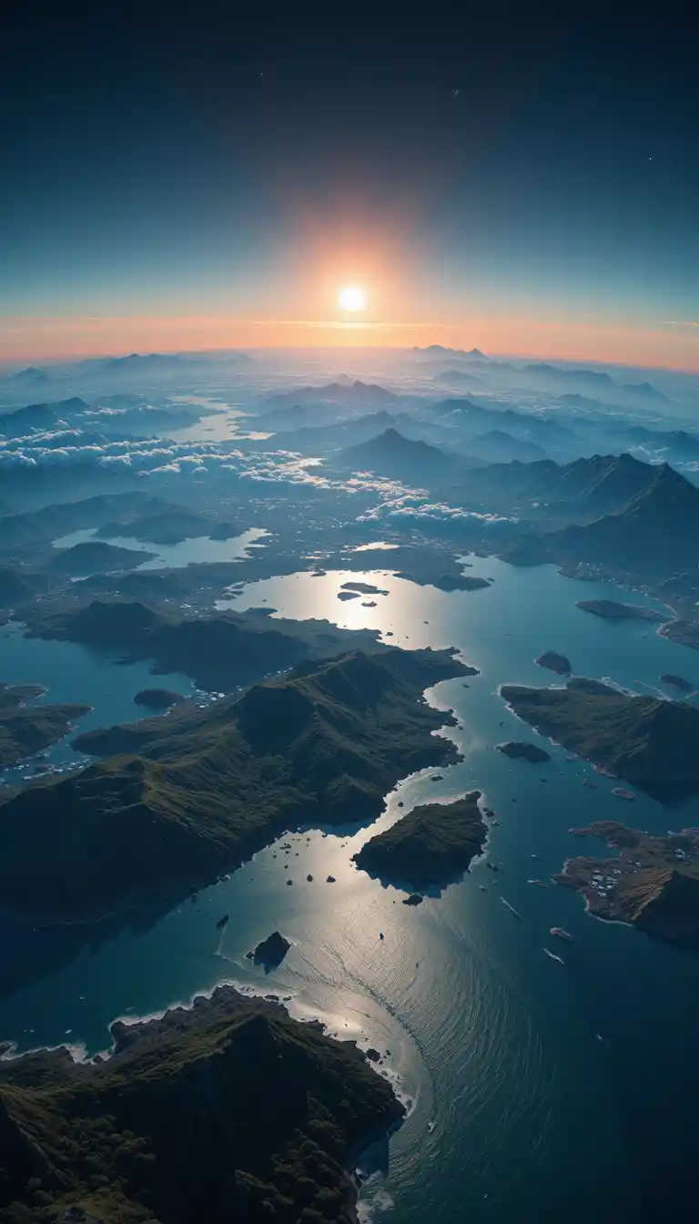Alien-Ozeanwelt mit Bergen unter einer untergehenden Sonne