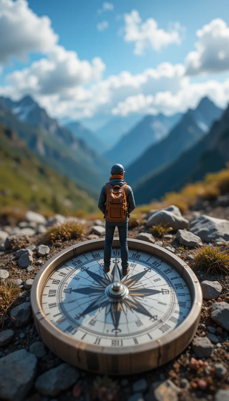 Miniature hiker standing on a compass of adventure