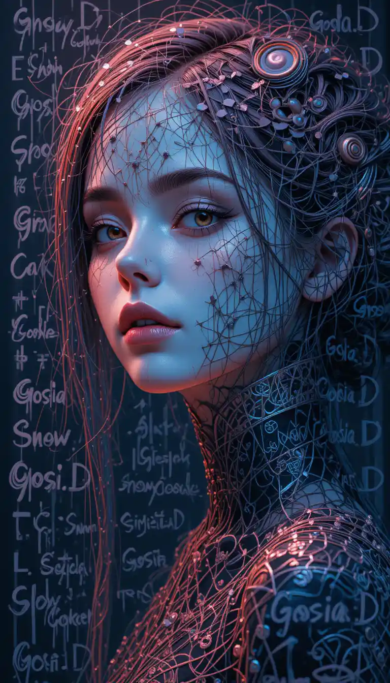 Woman portrait with subtle repeating text watermark