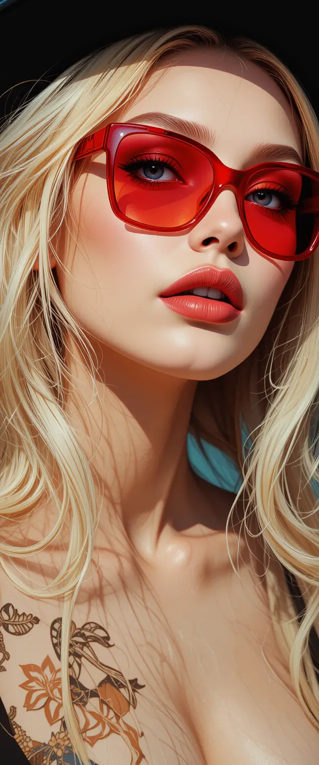 Blond woman in red glasses and black hat portrait illustration
