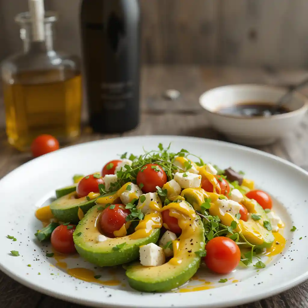 Artistic avocado salad with feta on white plate