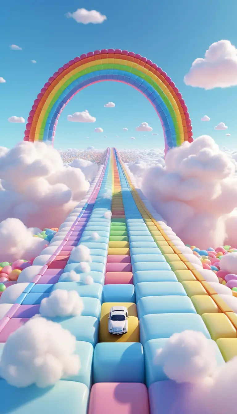 柔軟雲朵上漂浮的糖果賽道 3D 動畫