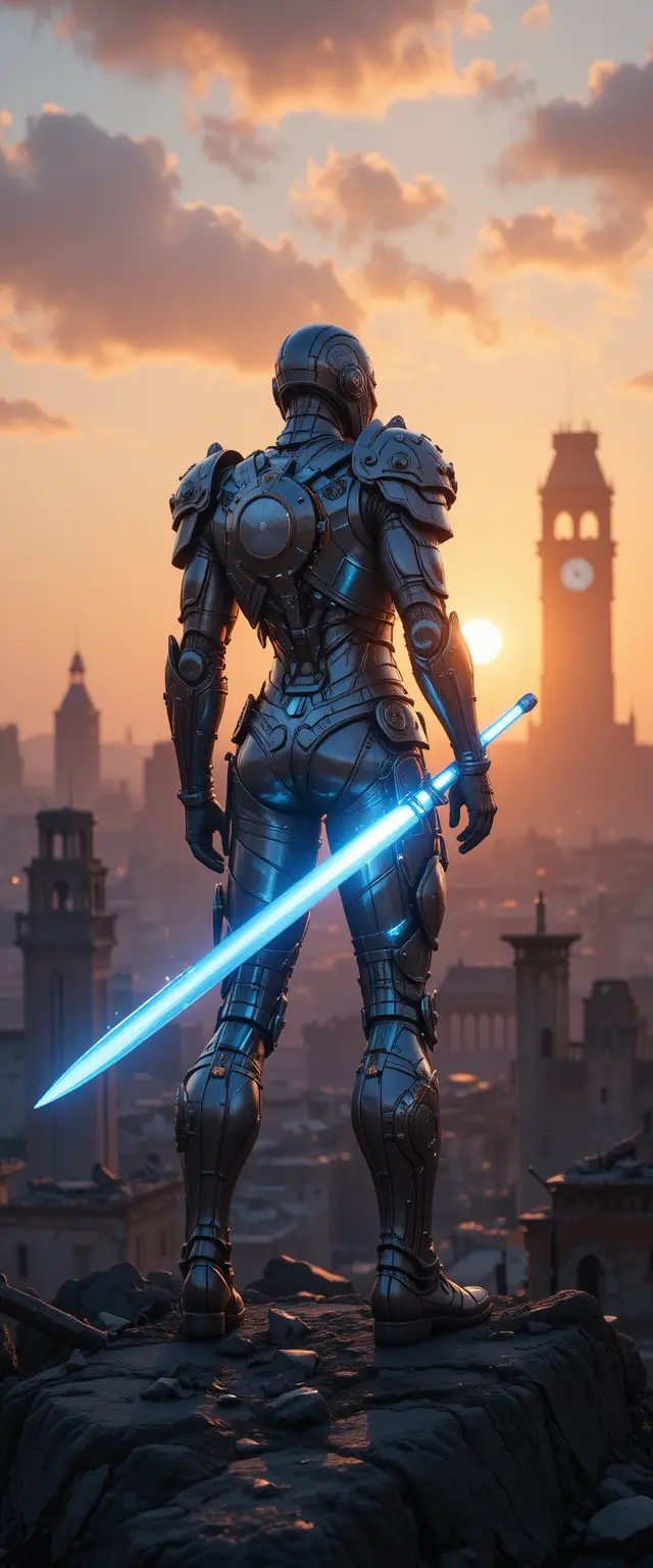 Futuristic warrior overlooking a ruined city at sunset