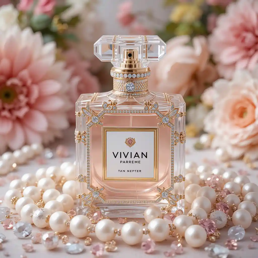 Perfume bottle with diamonds pearls gems and floral backdrop