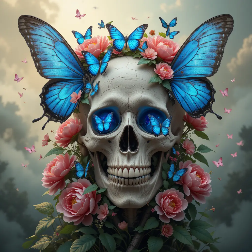 Surreal Skull With Butterflies And Blooming Flowers